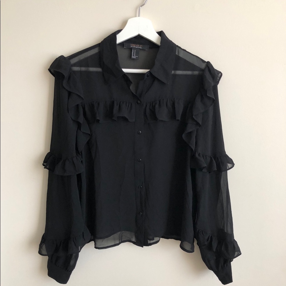 Sheer Black Ruffle Utility Blouse